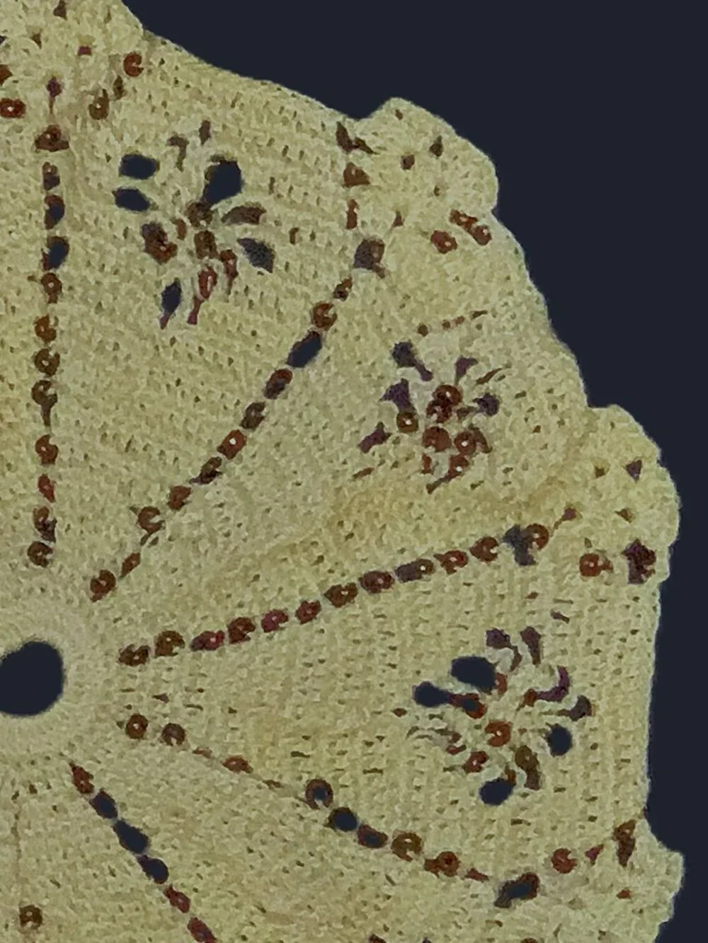 MCM Doilies Crocheted Blue & White Chair Accent Set Yellow w Glass Beads 18” Vtg